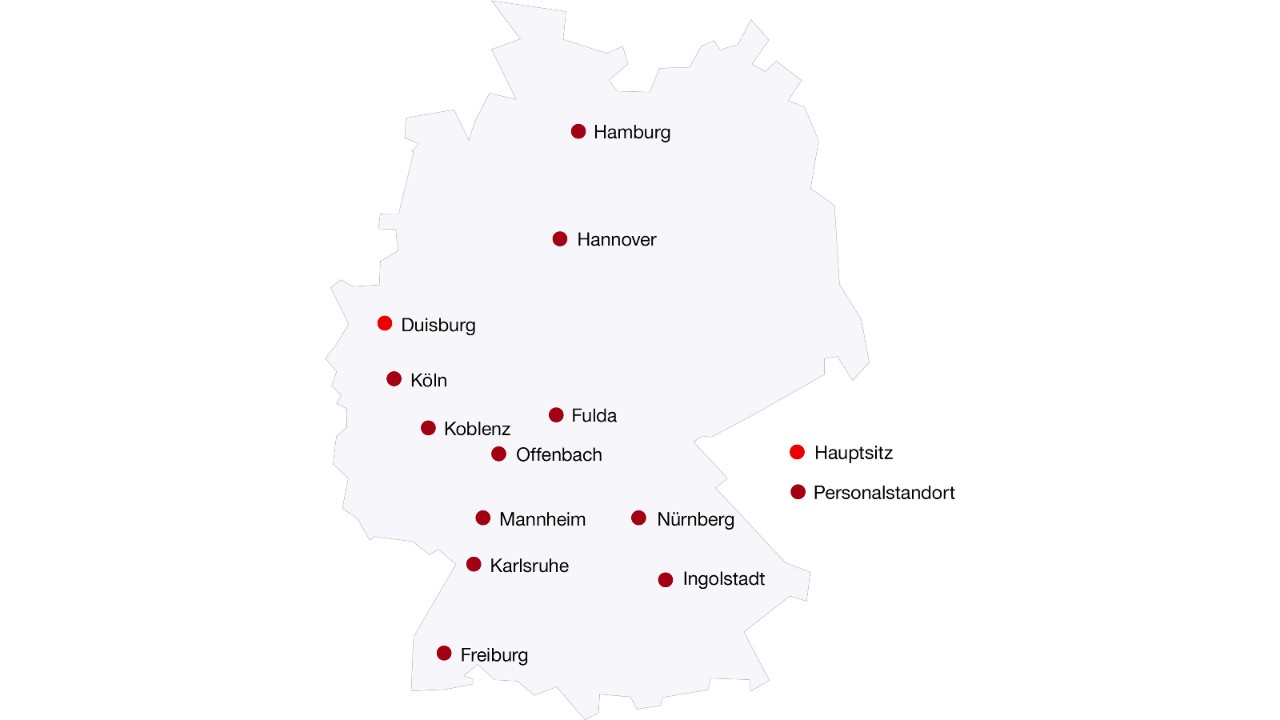 Standorte von RT&S in Deutschland: Duisburg, Hannover, Köln, Fulda, Offenbach, Koblenz, Mannheim, Nürnberg, Karlsruhe, Ingolstadt,  Freiburg.